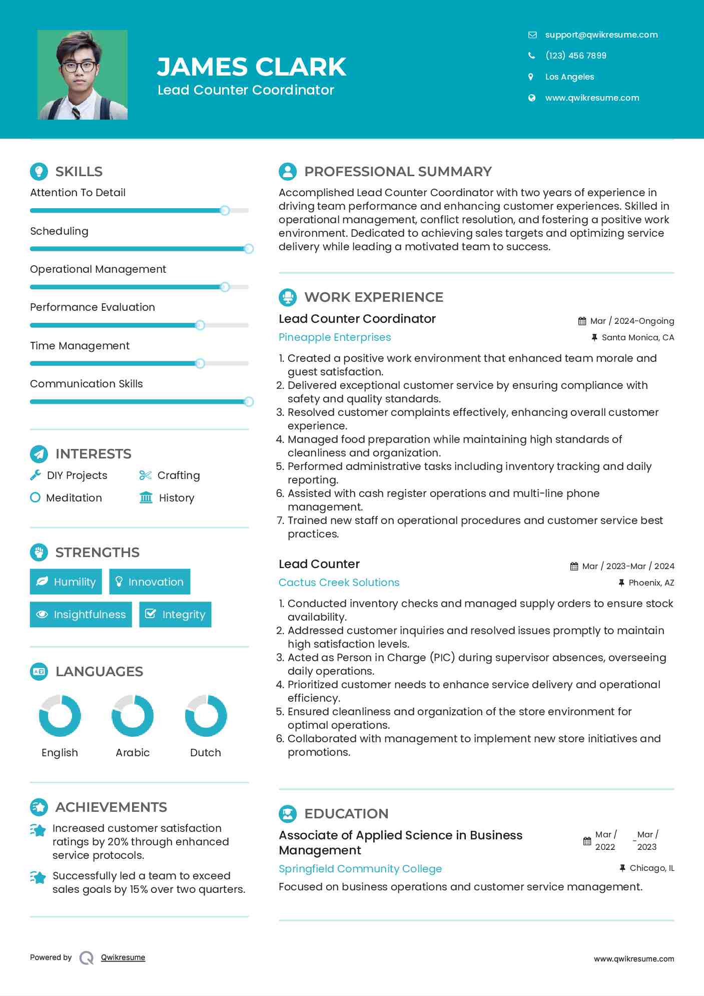 Lead Counter Coordinator Resume Example