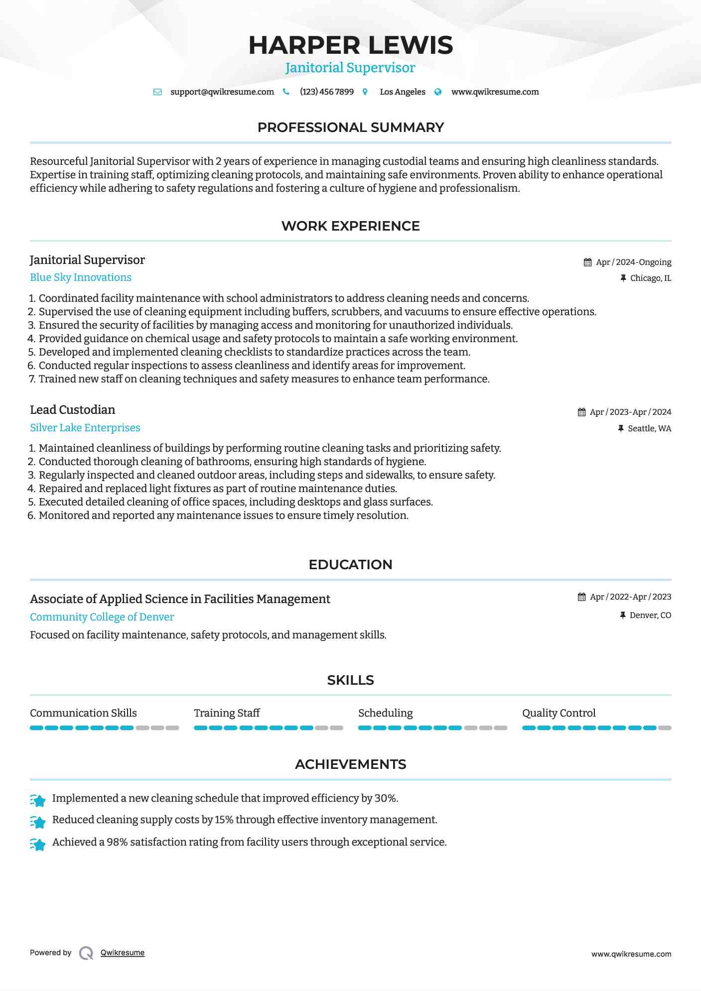 Janitorial Supervisor Resume Format