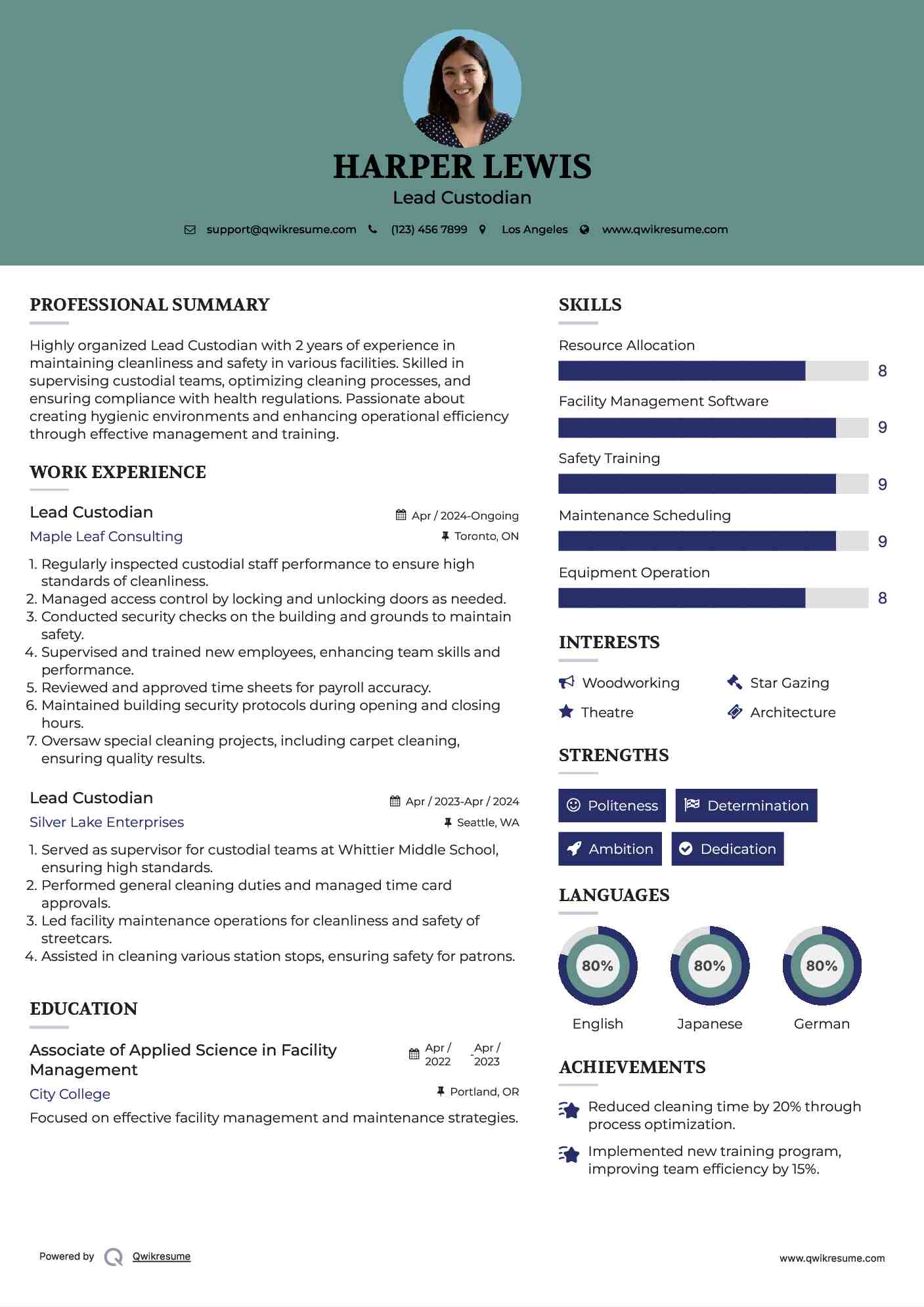 Lead Custodian Resume Example
