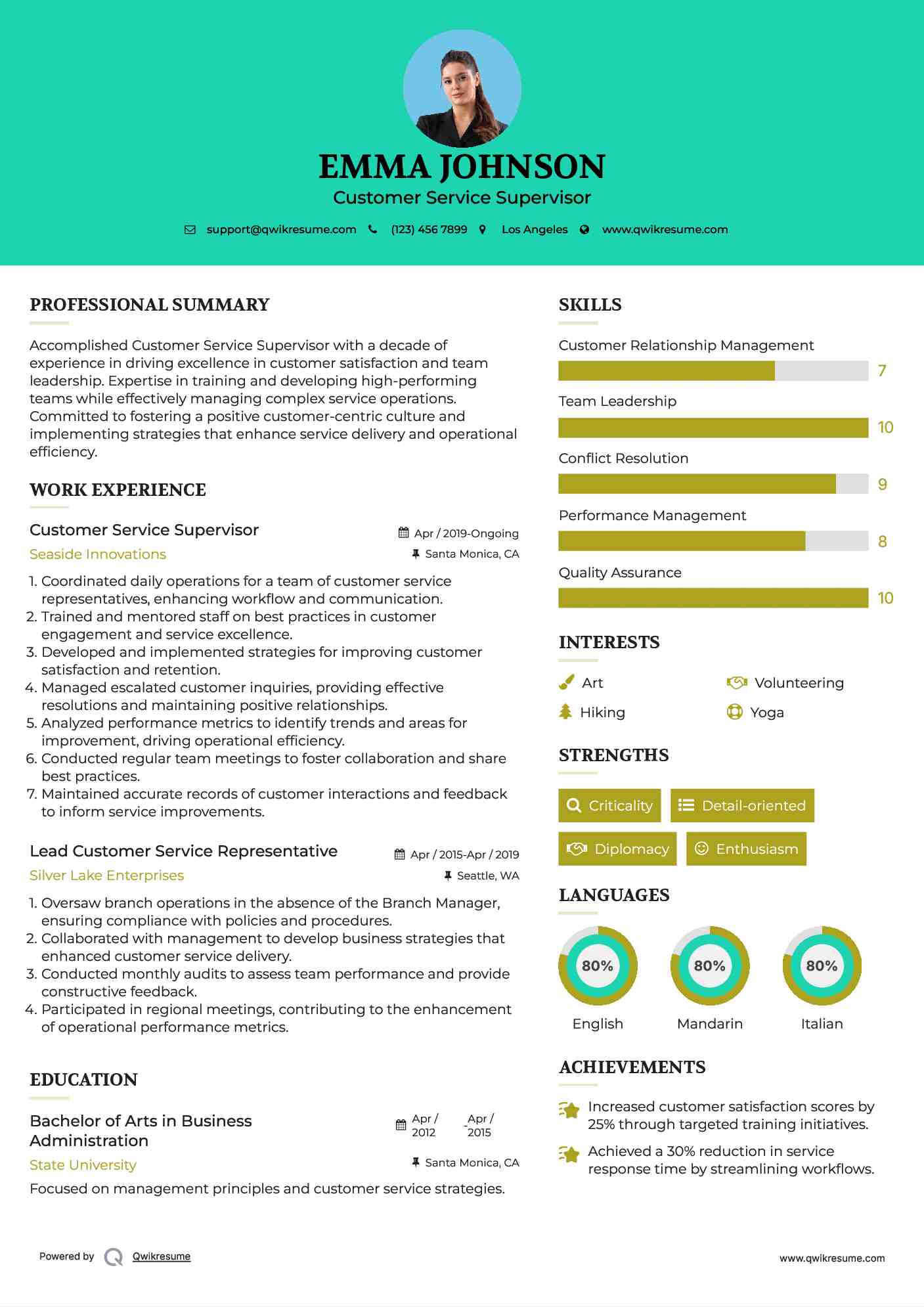 Customer Service Supervisor Resume Sample