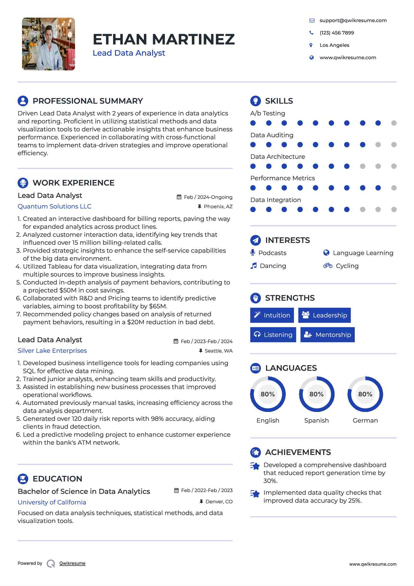 Lead Data Analyst Resume Example