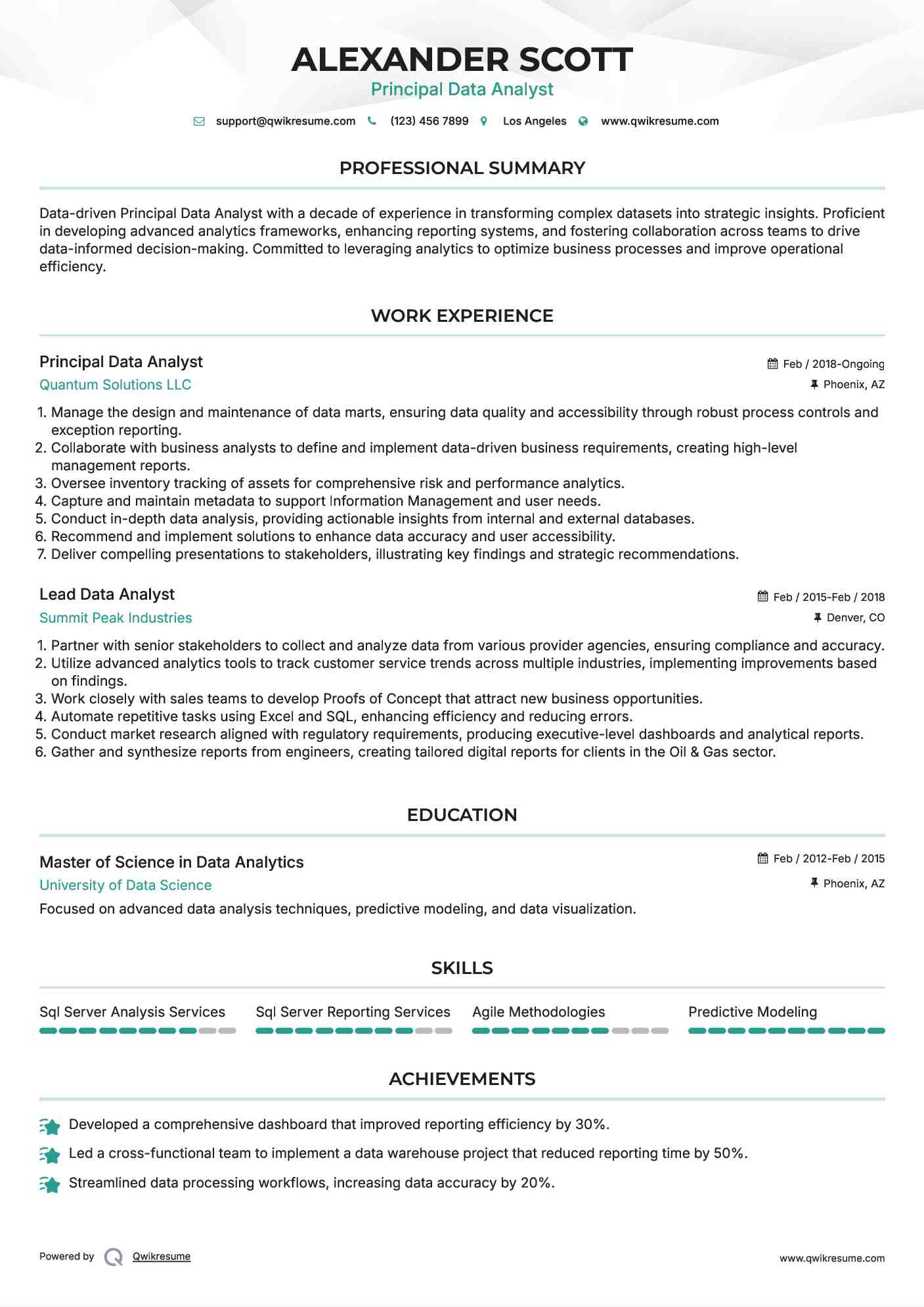 Principal Data Analyst Resume Template