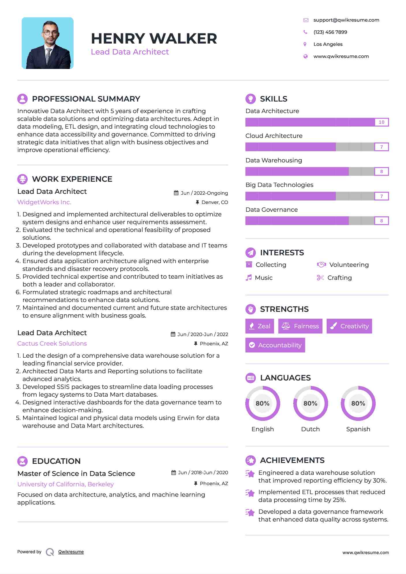 Lead Data Architect Resume Sample