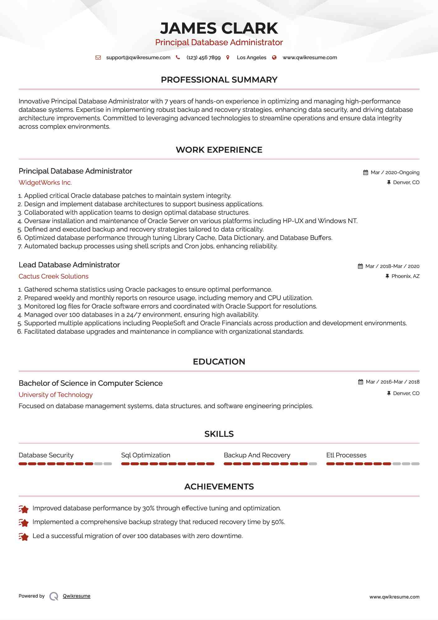 Principal Database Administrator Resume Example