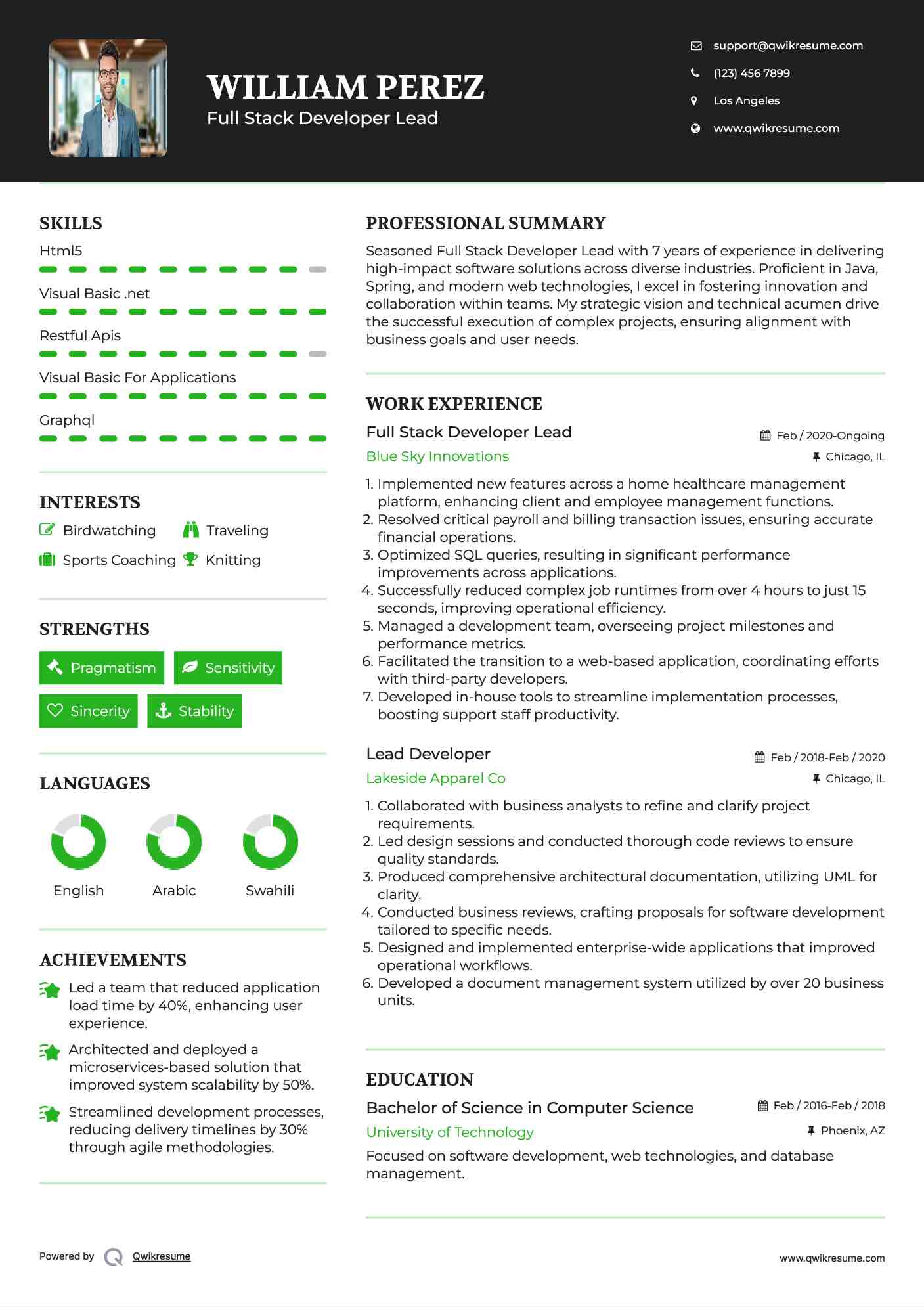 Full Stack Developer Lead Resume Sample