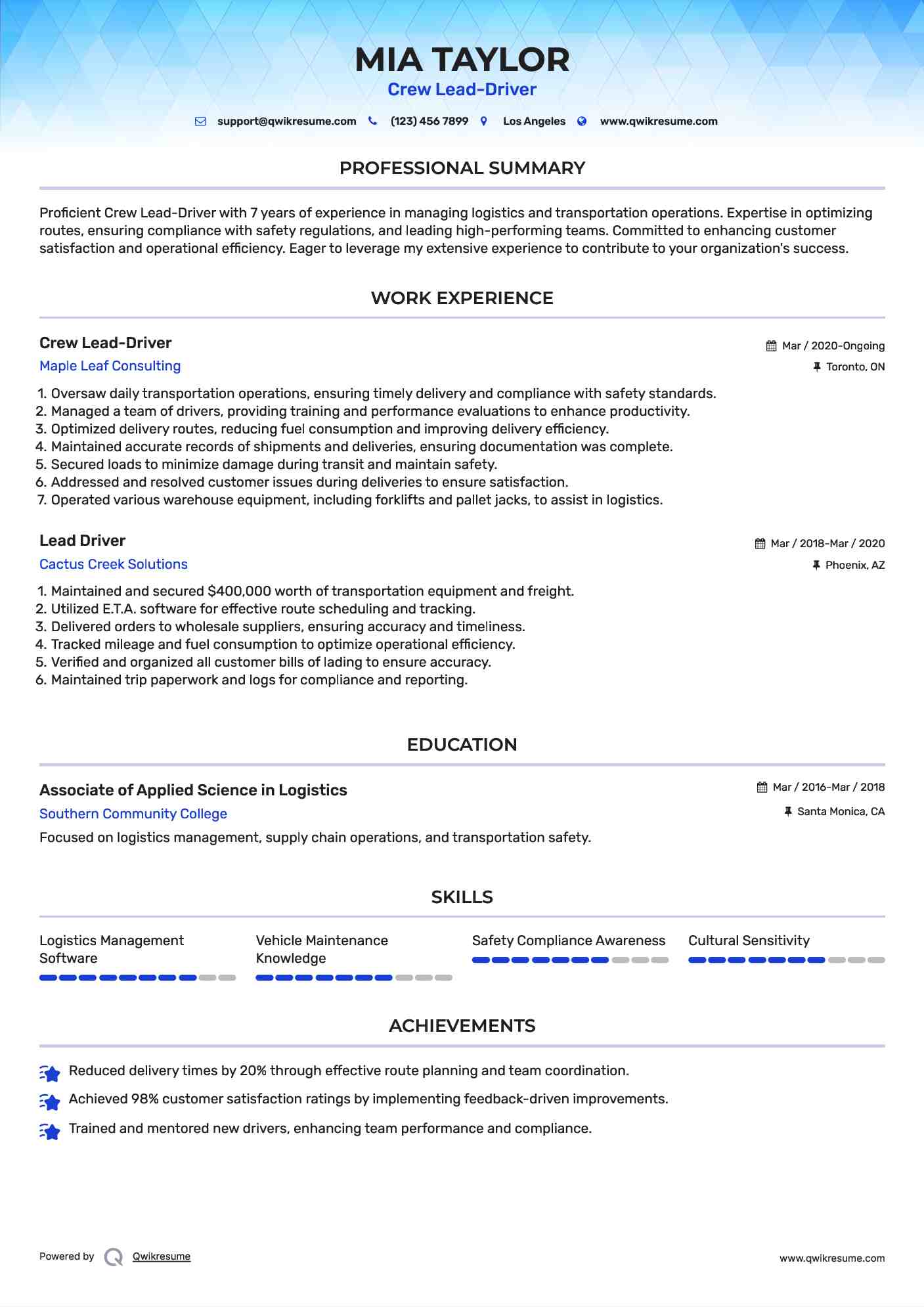 Crew Lead-Driver
 Resume Sample