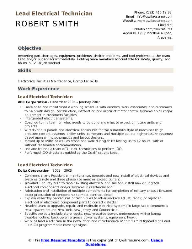 Lead Electrical Technician Resume Samples QwikResume