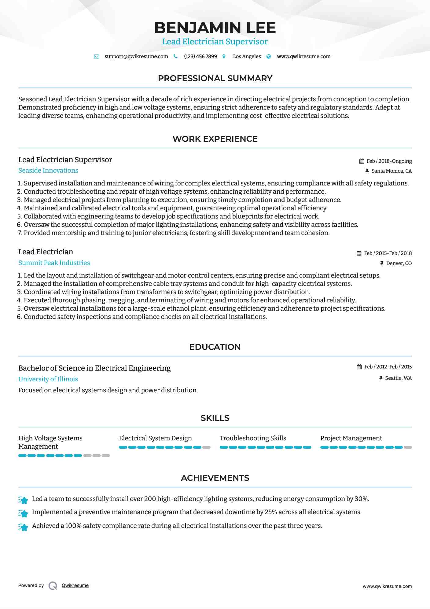 Lead Electrician Supervisor Resume Sample