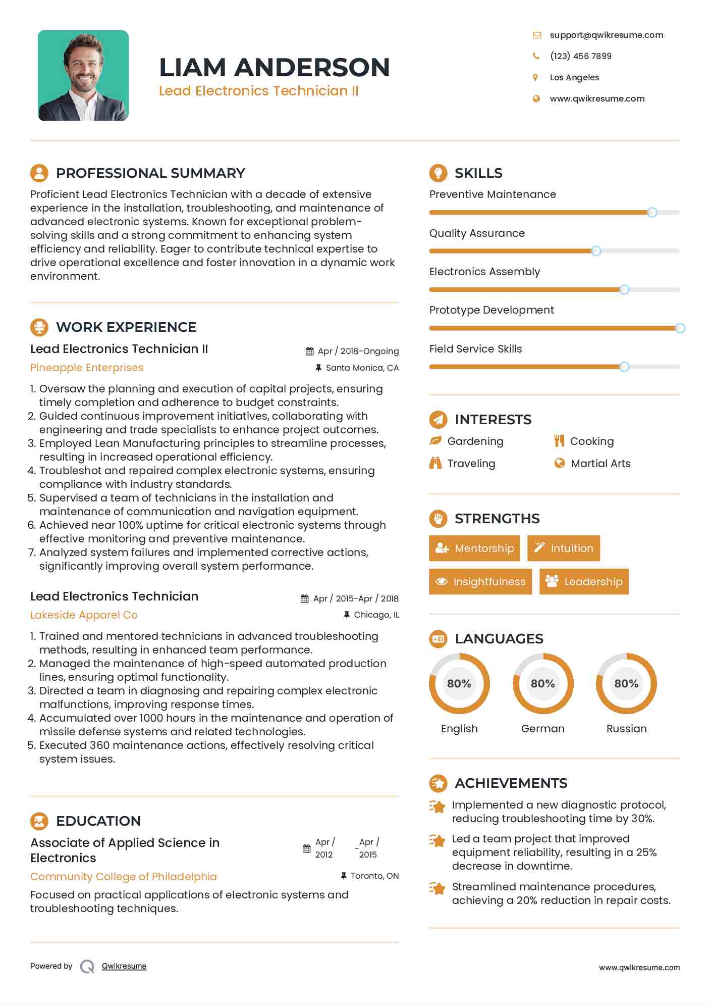 Lead Electronics Technician II Resume Format