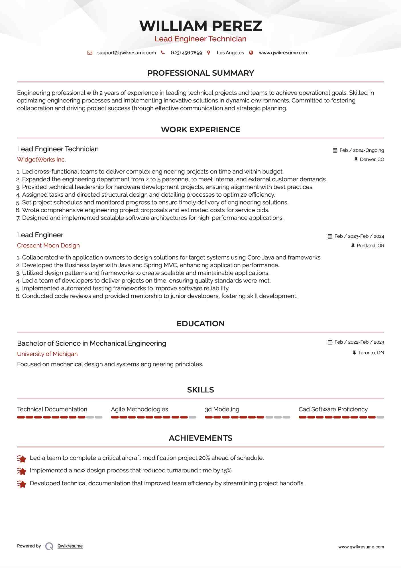 Lead Engineer Technician Resume Sample