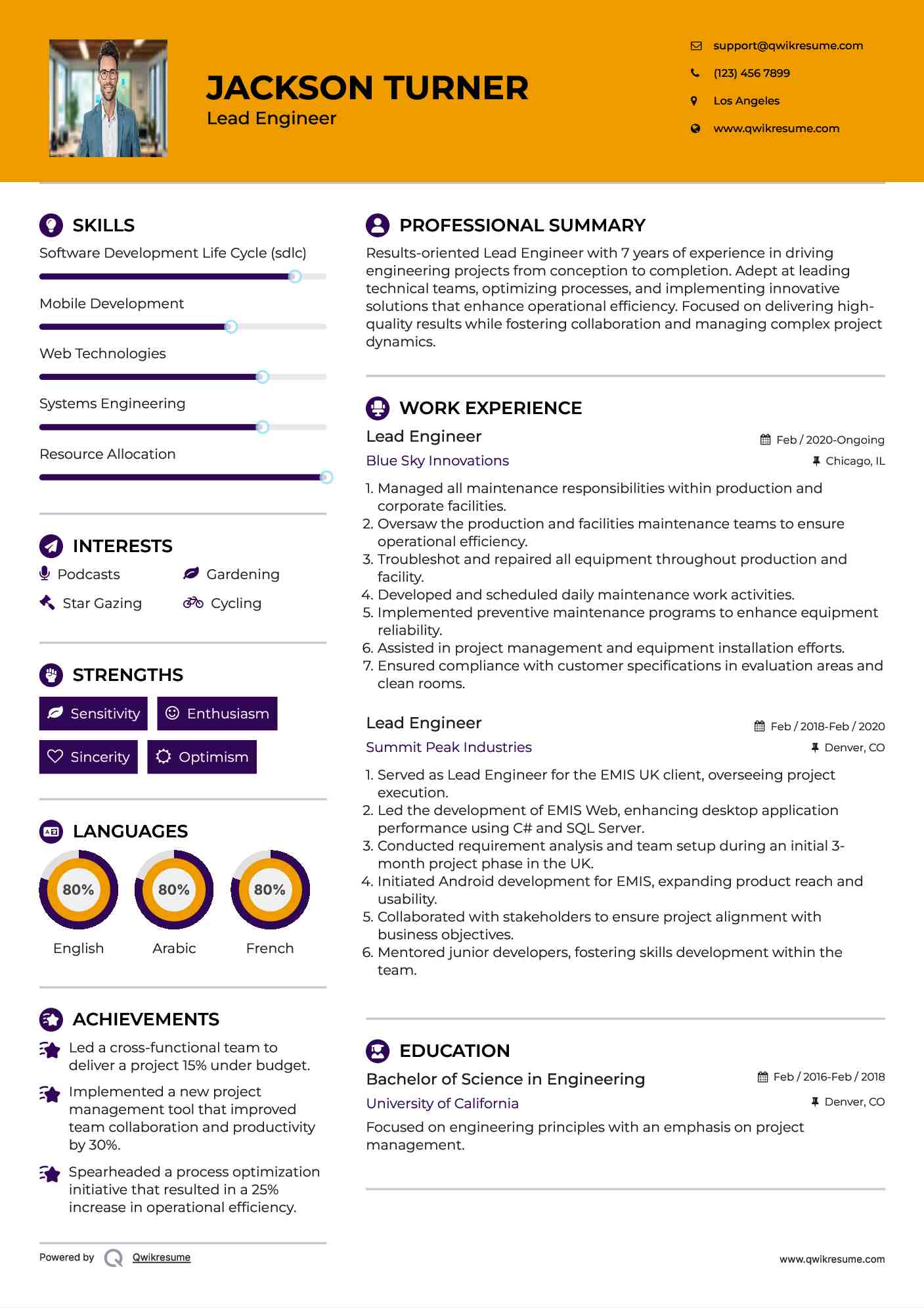 Lead Engineer Resume Samples QwikResume