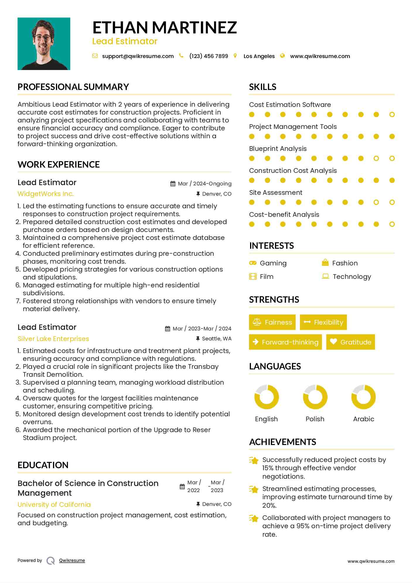 Lead Estimator Resume Example