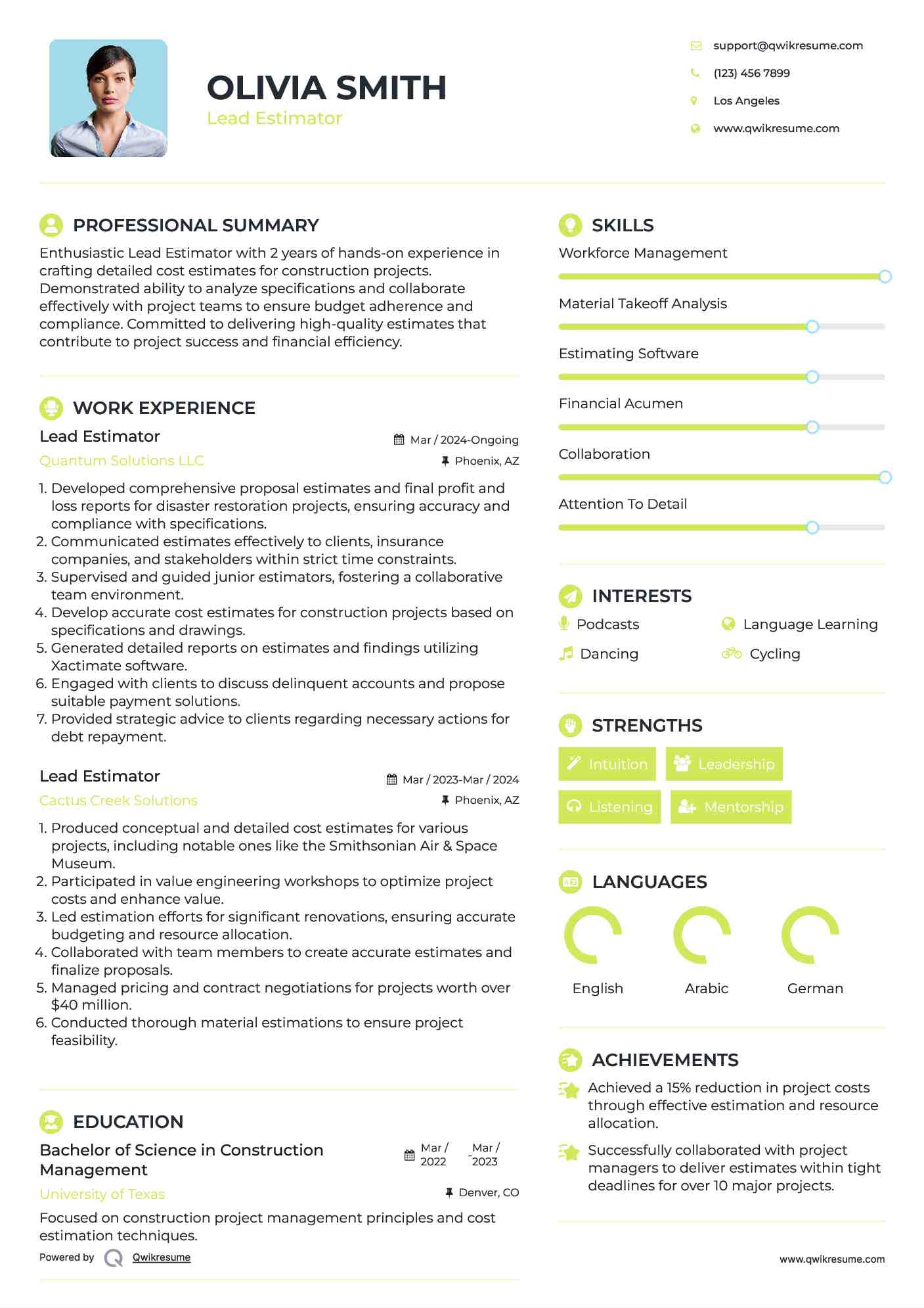 Lead Estimator Resume Sample