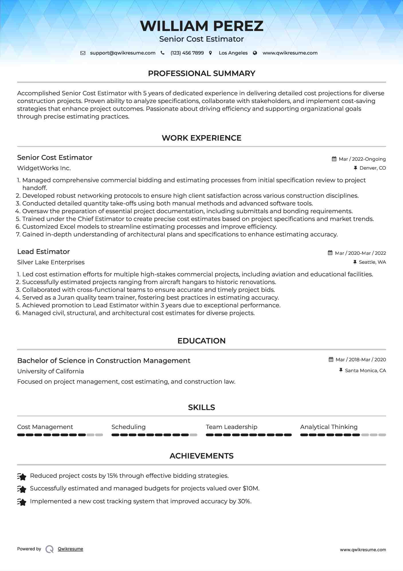 Senior Cost Estimator Resume Template