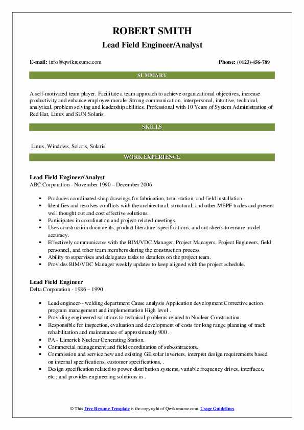 Lead Field Engineer Resume Samples QwikResume
