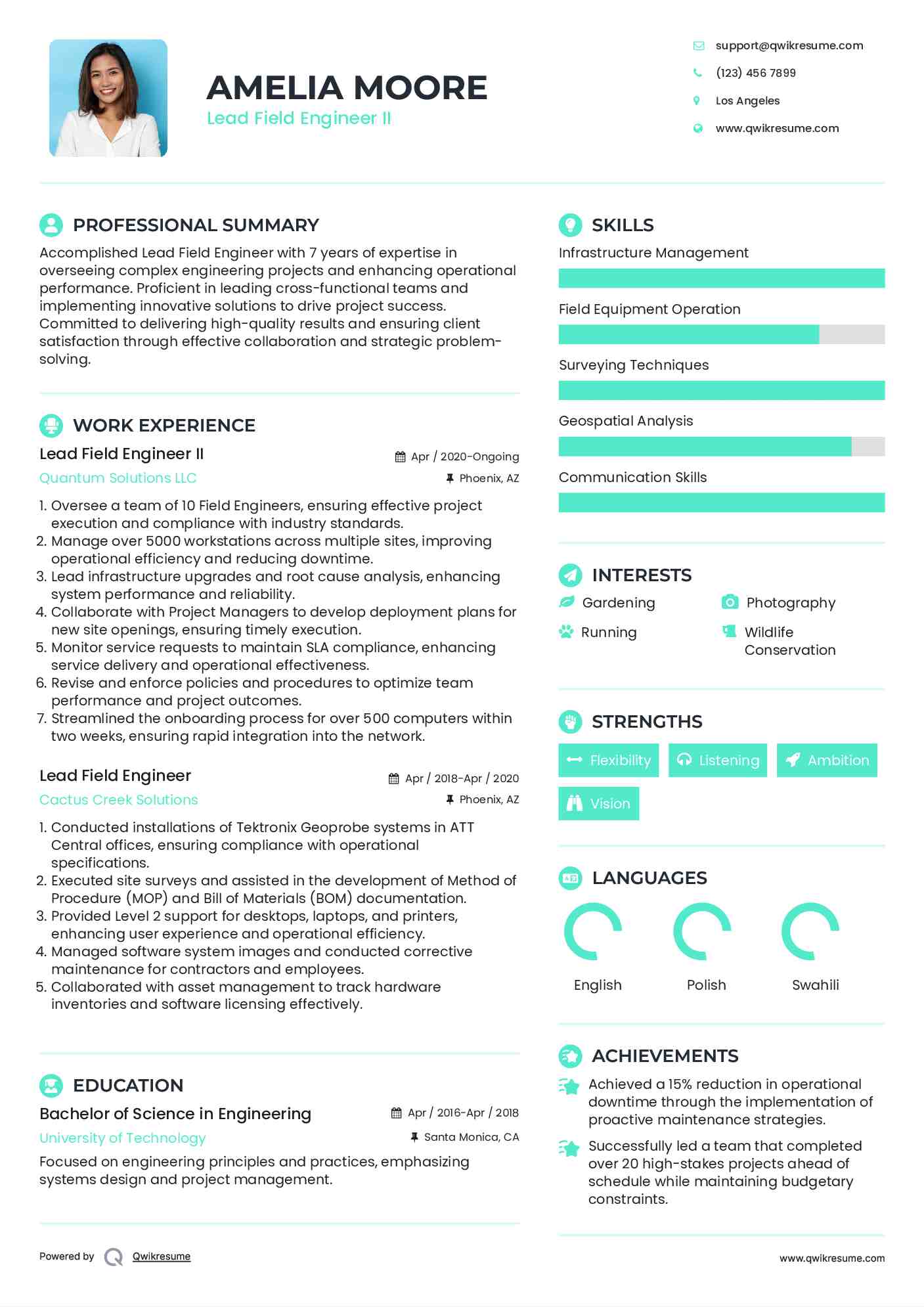 Lead Field Engineer Resume Samples QwikResume