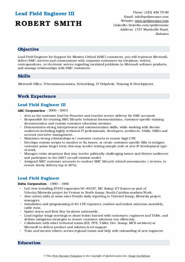 Lead Field Engineer Resume Samples QwikResume