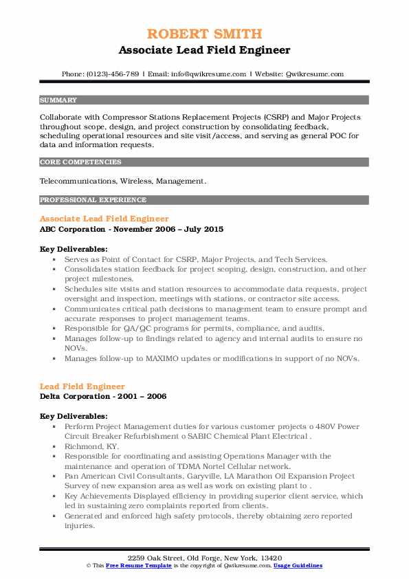 Lead Field Engineer Resume Samples QwikResume