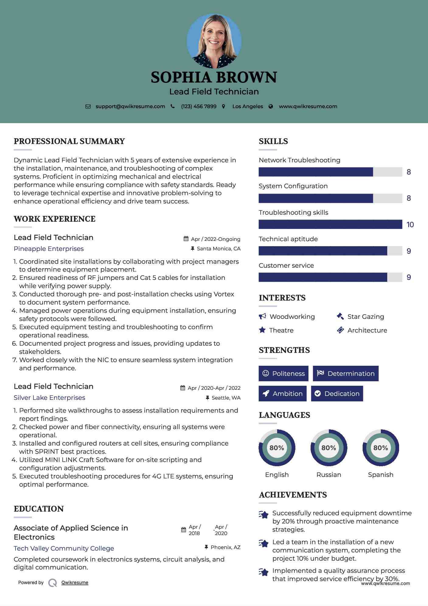 Lead Field Technician Resume Sample