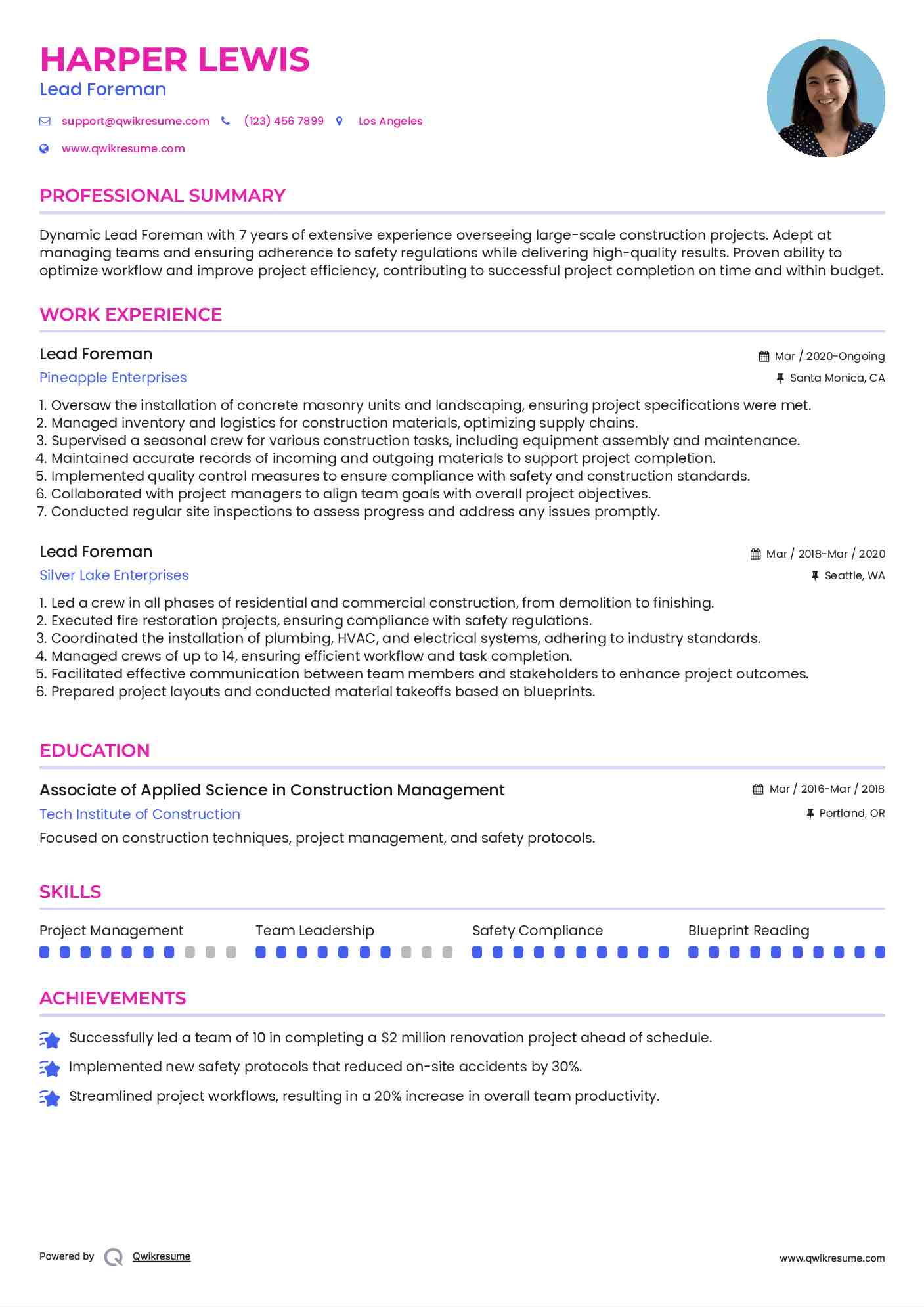 Lead Foreman Resume Sample