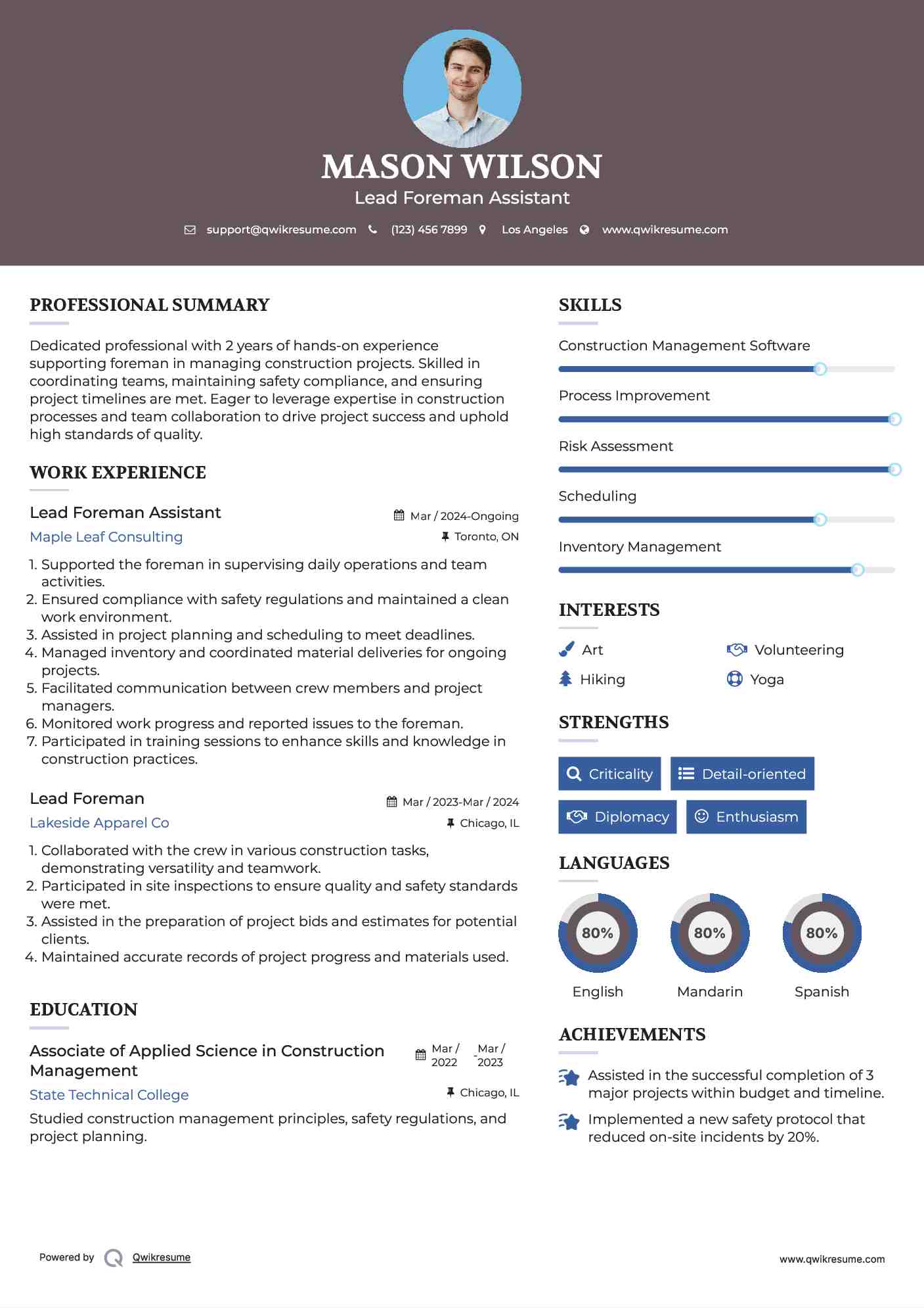 Lead Foreman Assistant Resume Model