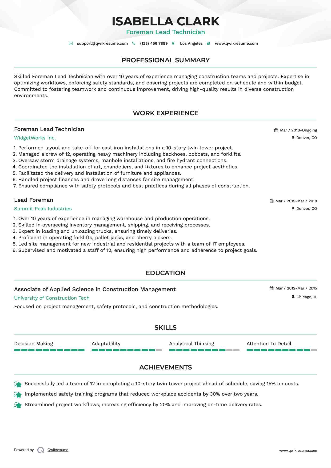 Foreman Lead Technician Resume Template