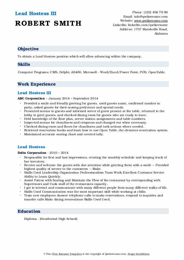 Lead Hostess Resume Samples QwikResume