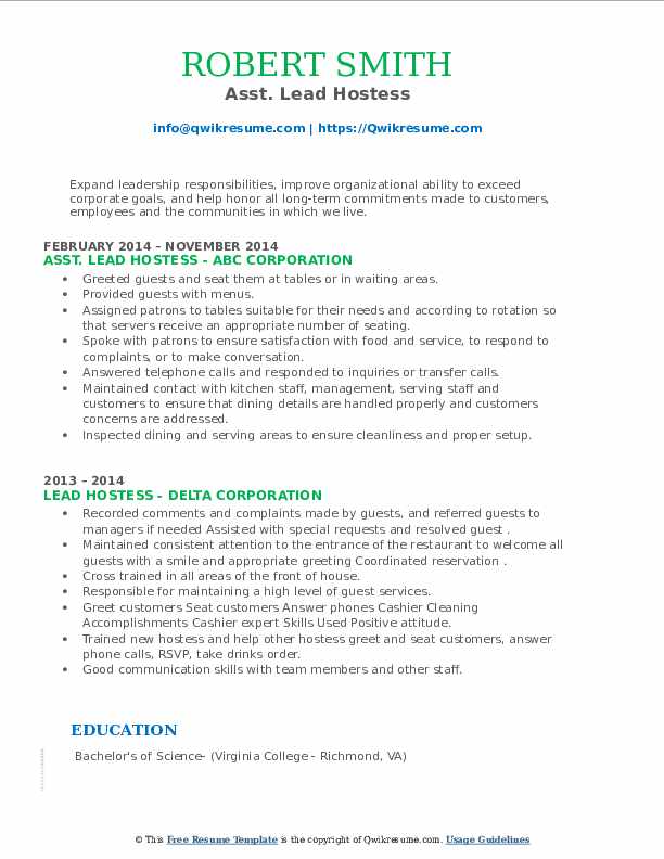 Lead Hostess Resume Samples QwikResume
