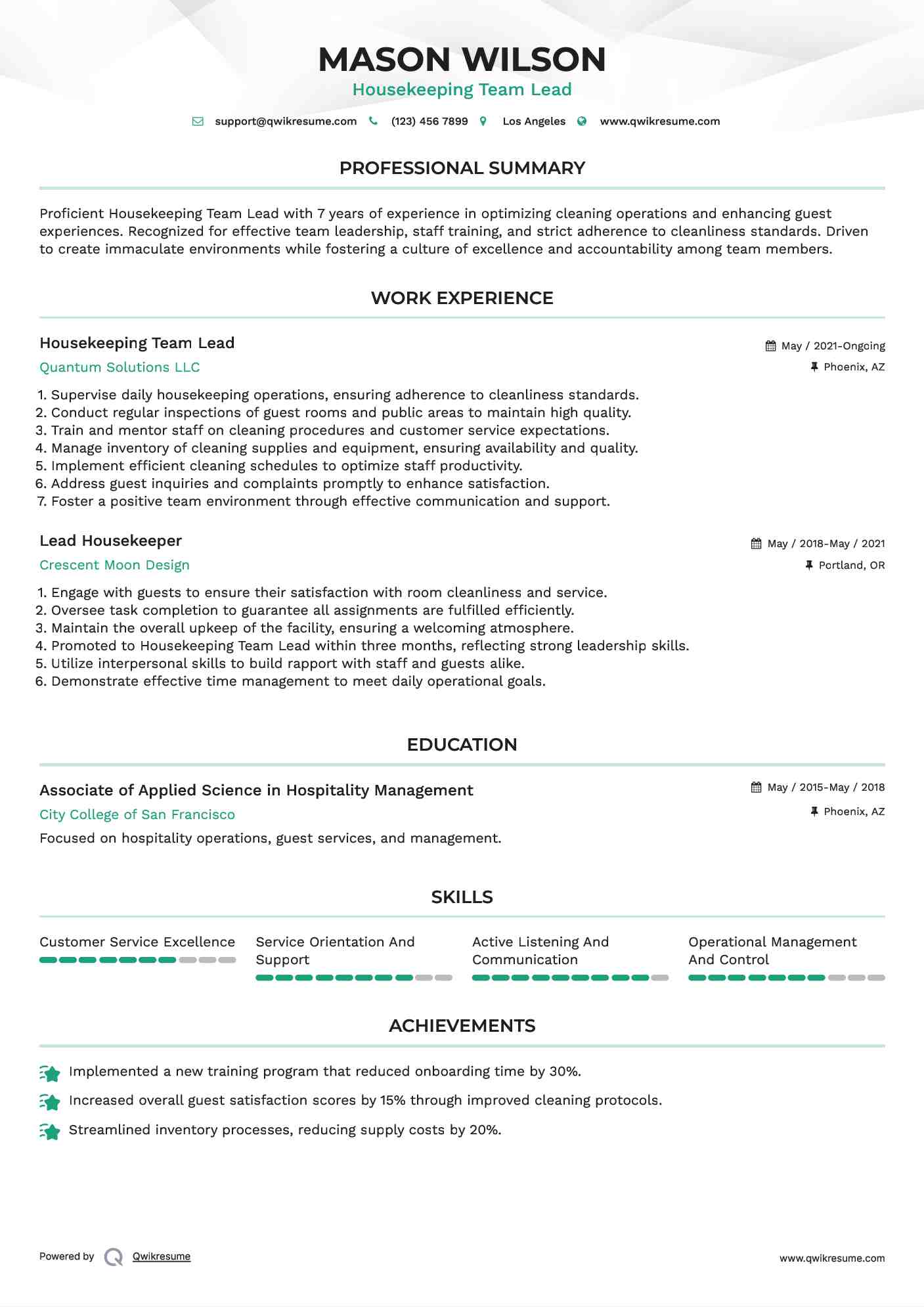 Housekeeping Team Lead Resume Format