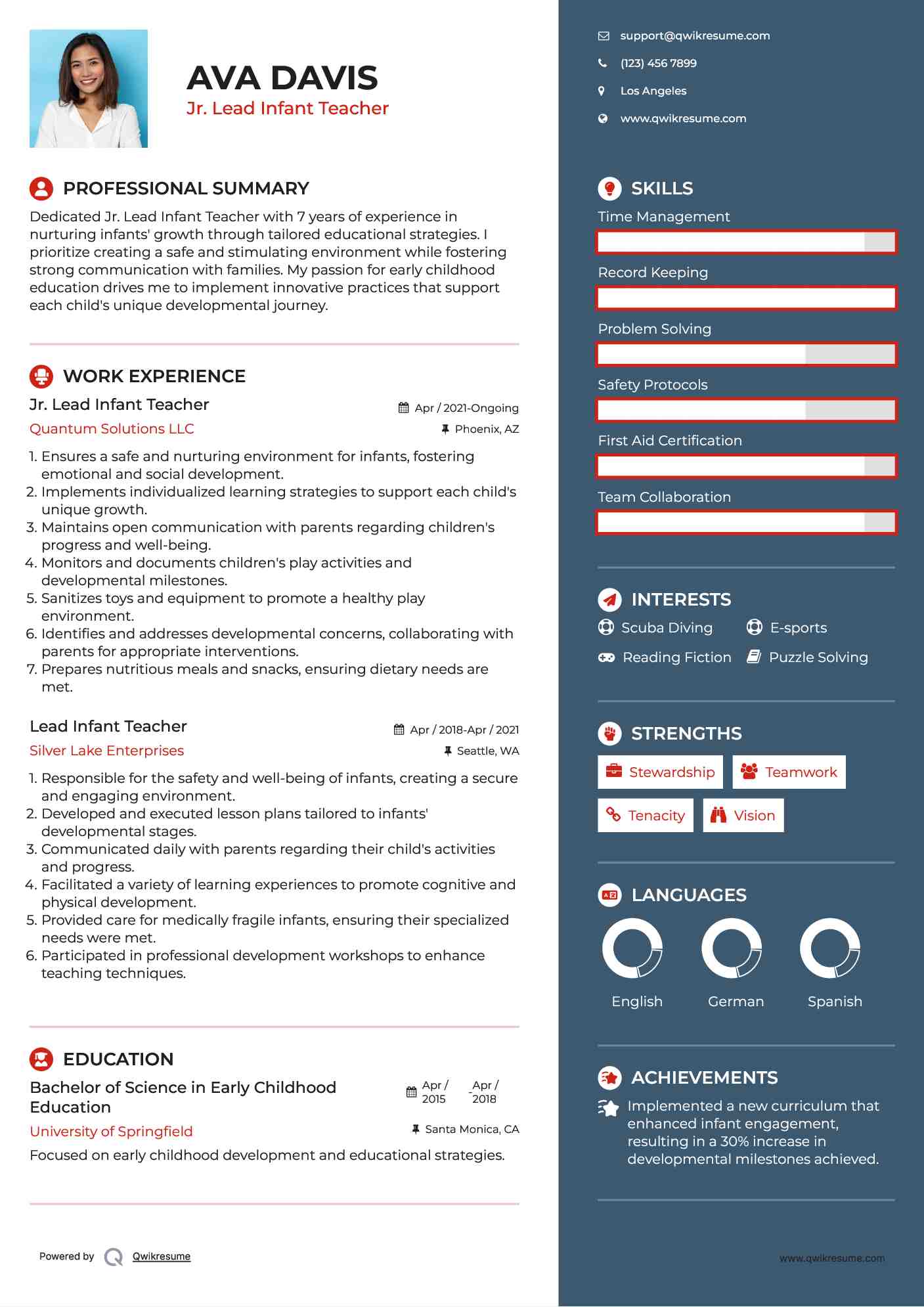 Jr. Lead Infant Teacher Resume Sample
