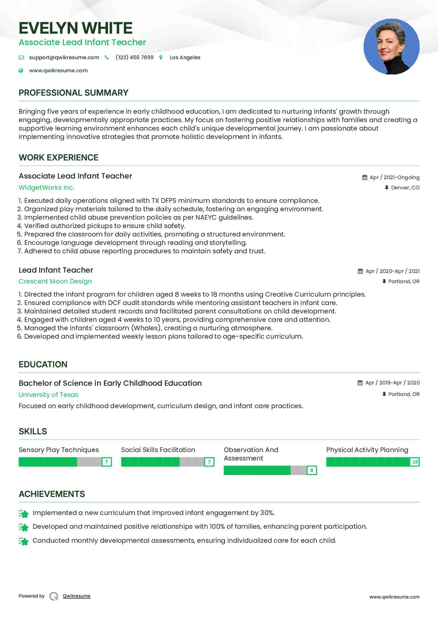 Associate Lead Infant Teacher Resume Sample
