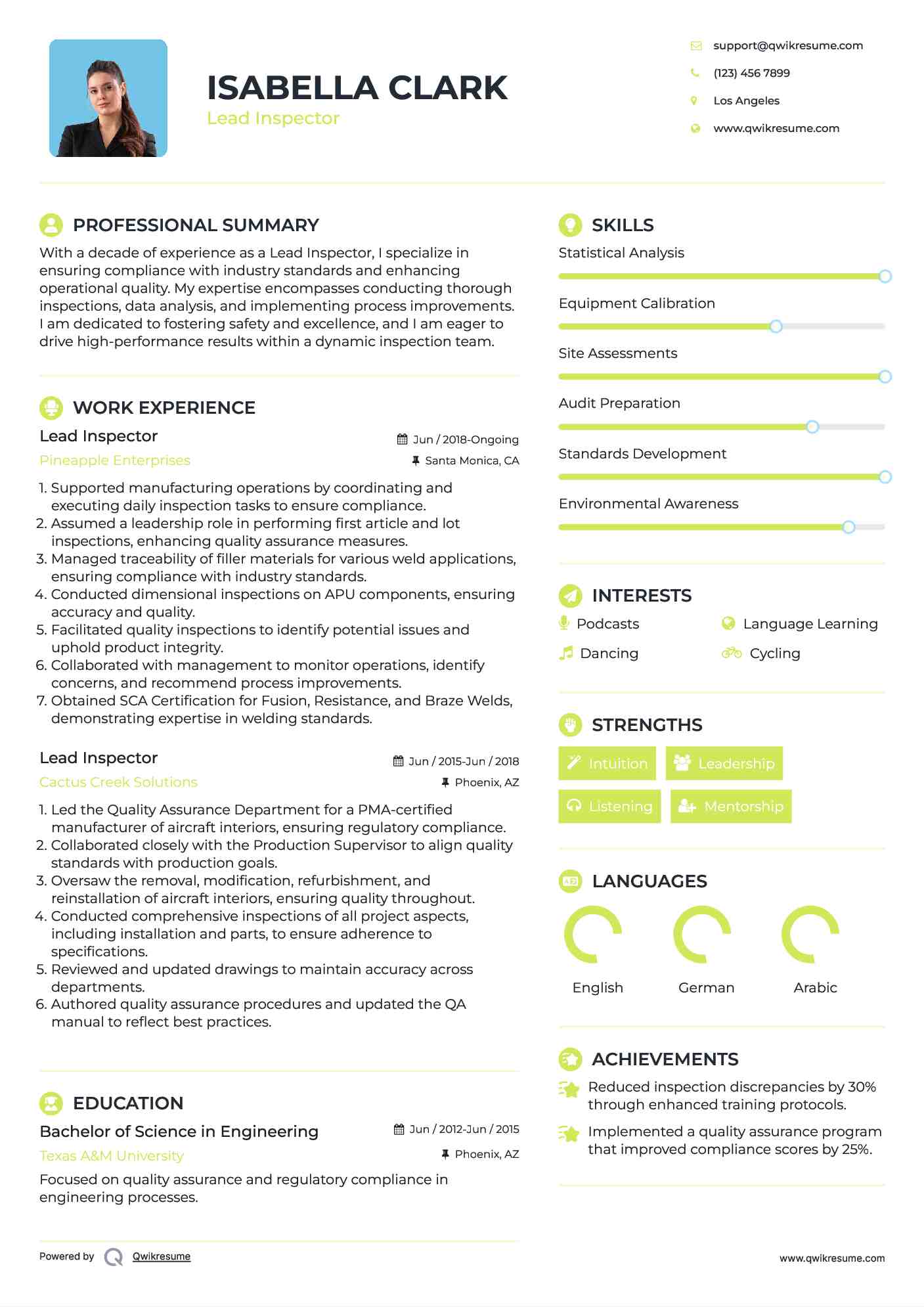 Lead Inspector Resume Sample