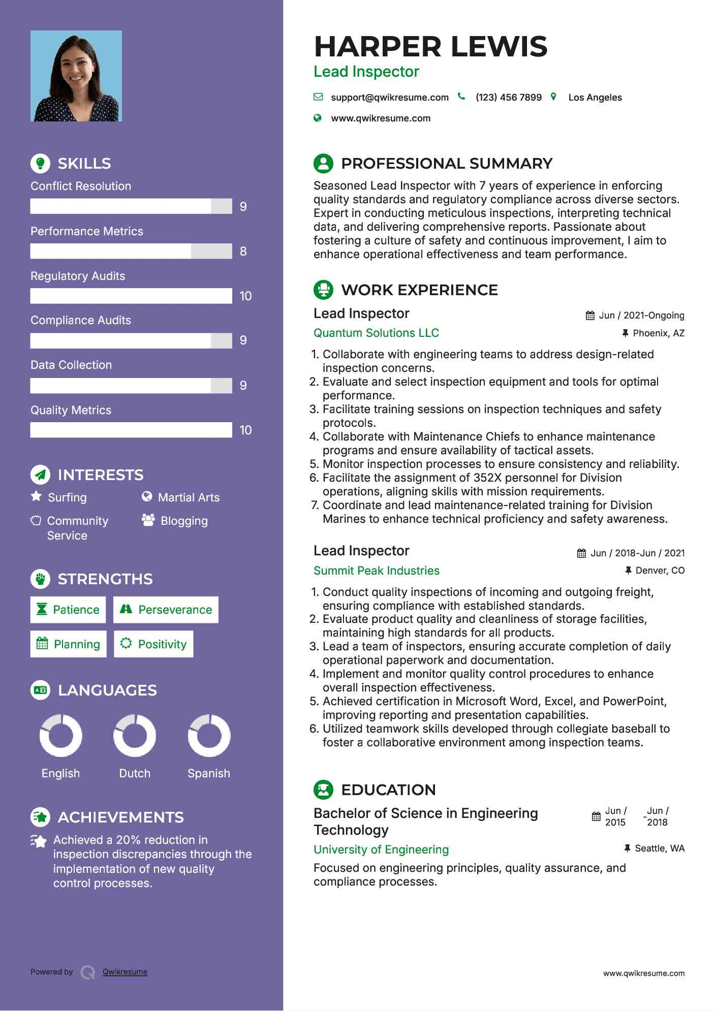 Lead Inspector Resume Sample