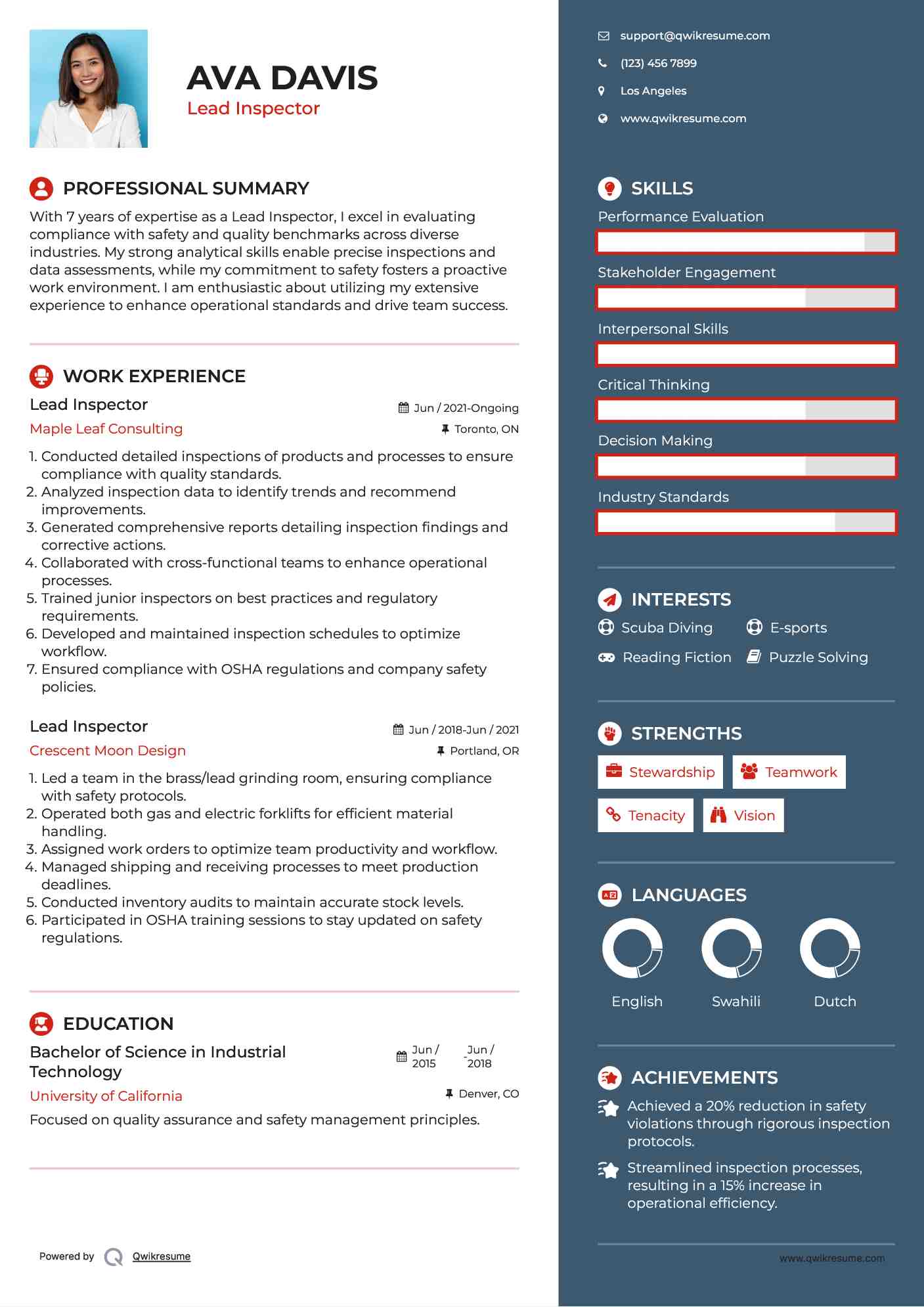 Lead Inspector Resume Example