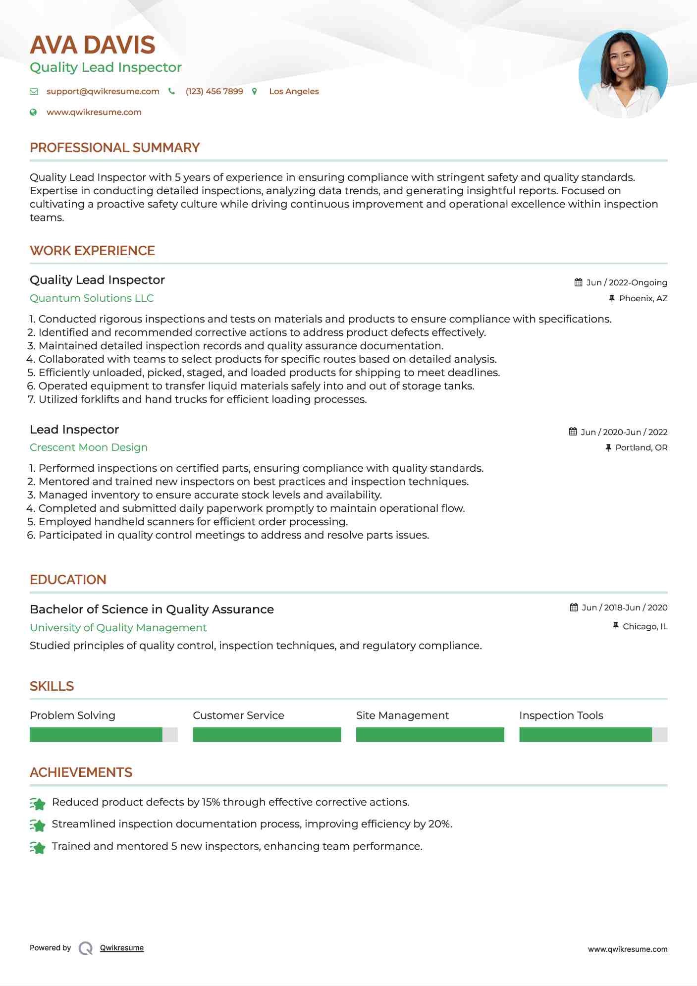 Quality Lead Inspector Resume Template