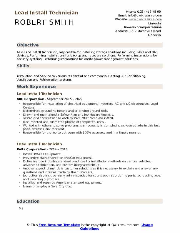 Lead Install Technician Resume Samples QwikResume