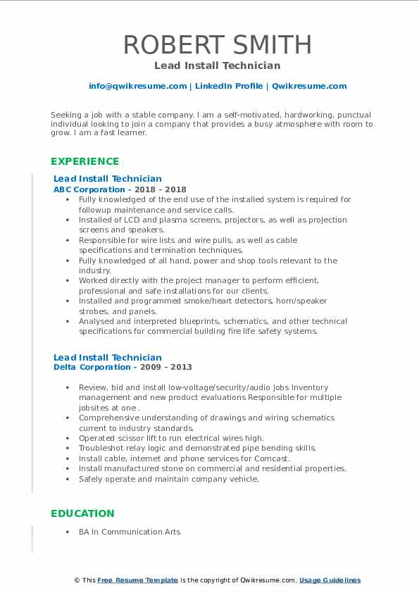 Lead Install Technician Resume Samples QwikResume