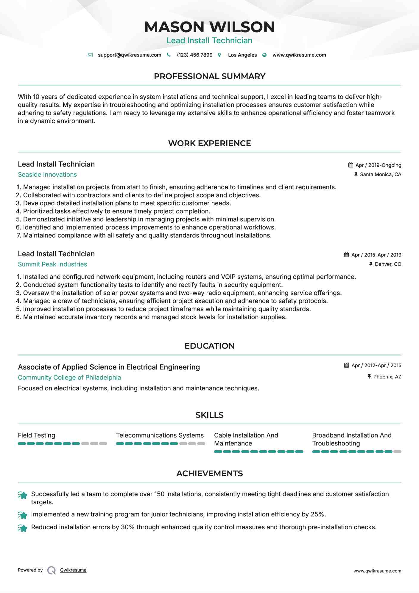 Lead Install Technician Resume Example