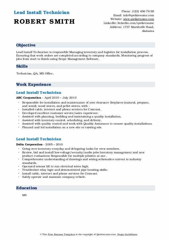 Lead Install Technician Resume Samples QwikResume