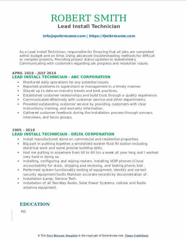 Lead Install Technician Resume Samples QwikResume