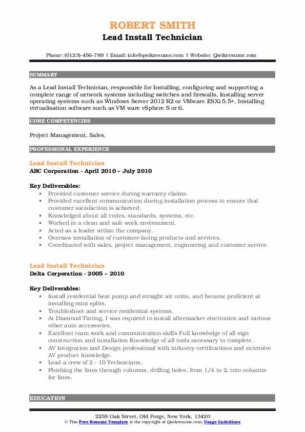 Lead Install Technician Resume Samples QwikResume