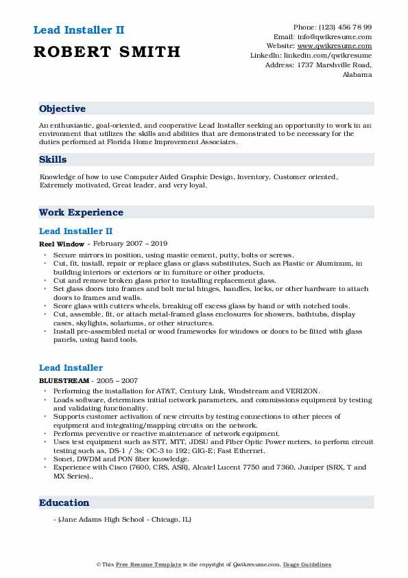 Lead Installer Resume Samples QwikResume