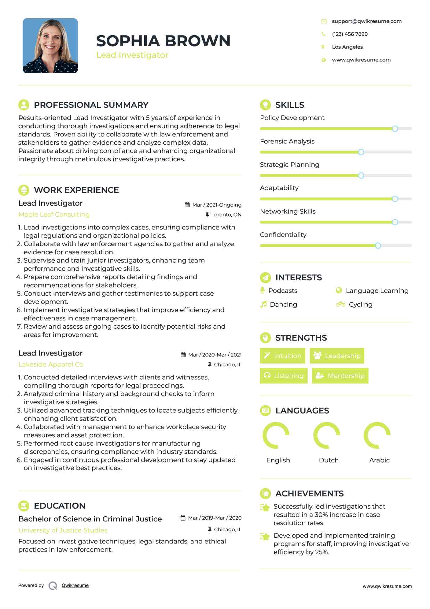 Lead Investigator Resume Model