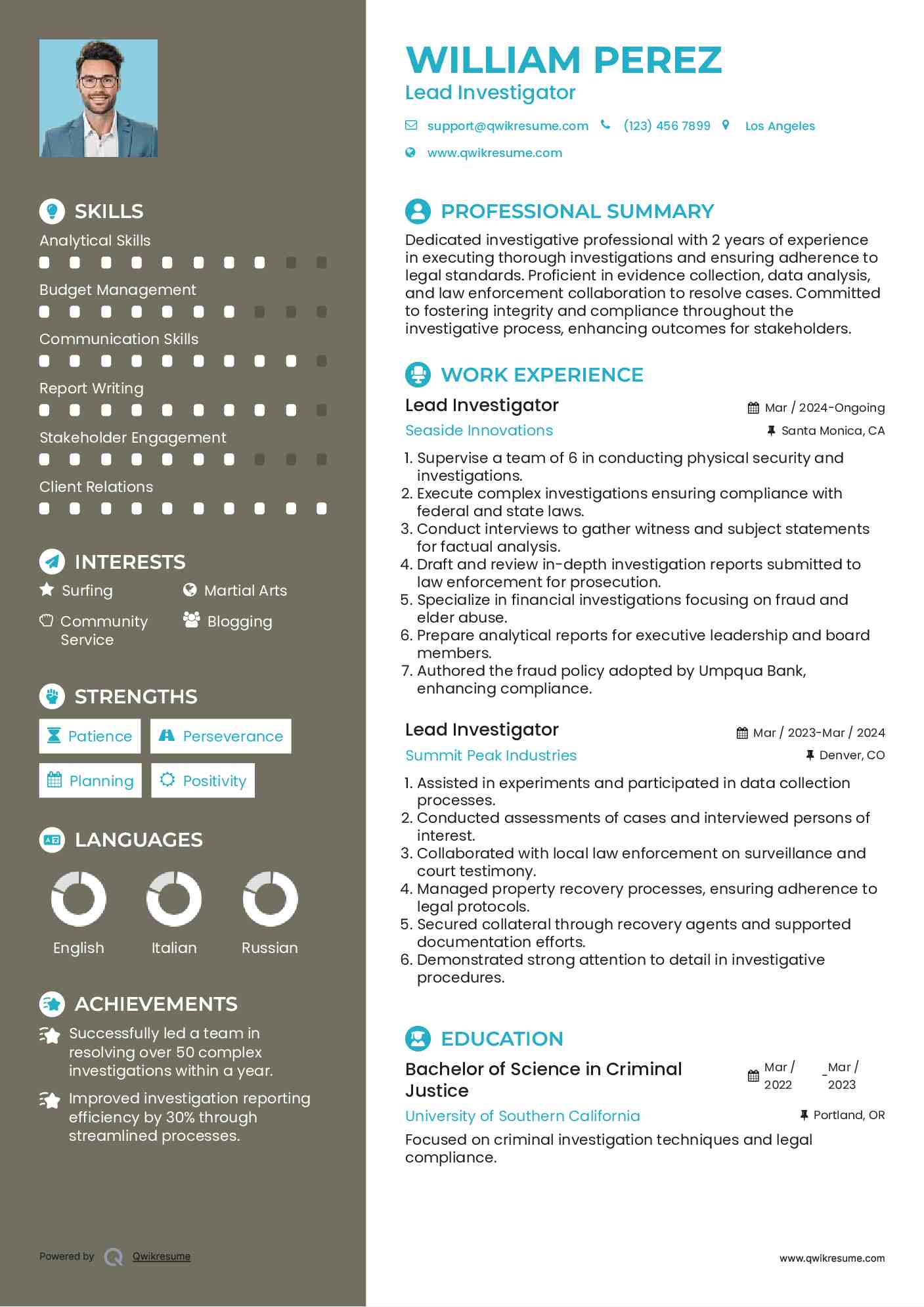 Lead Investigator Resume Sample