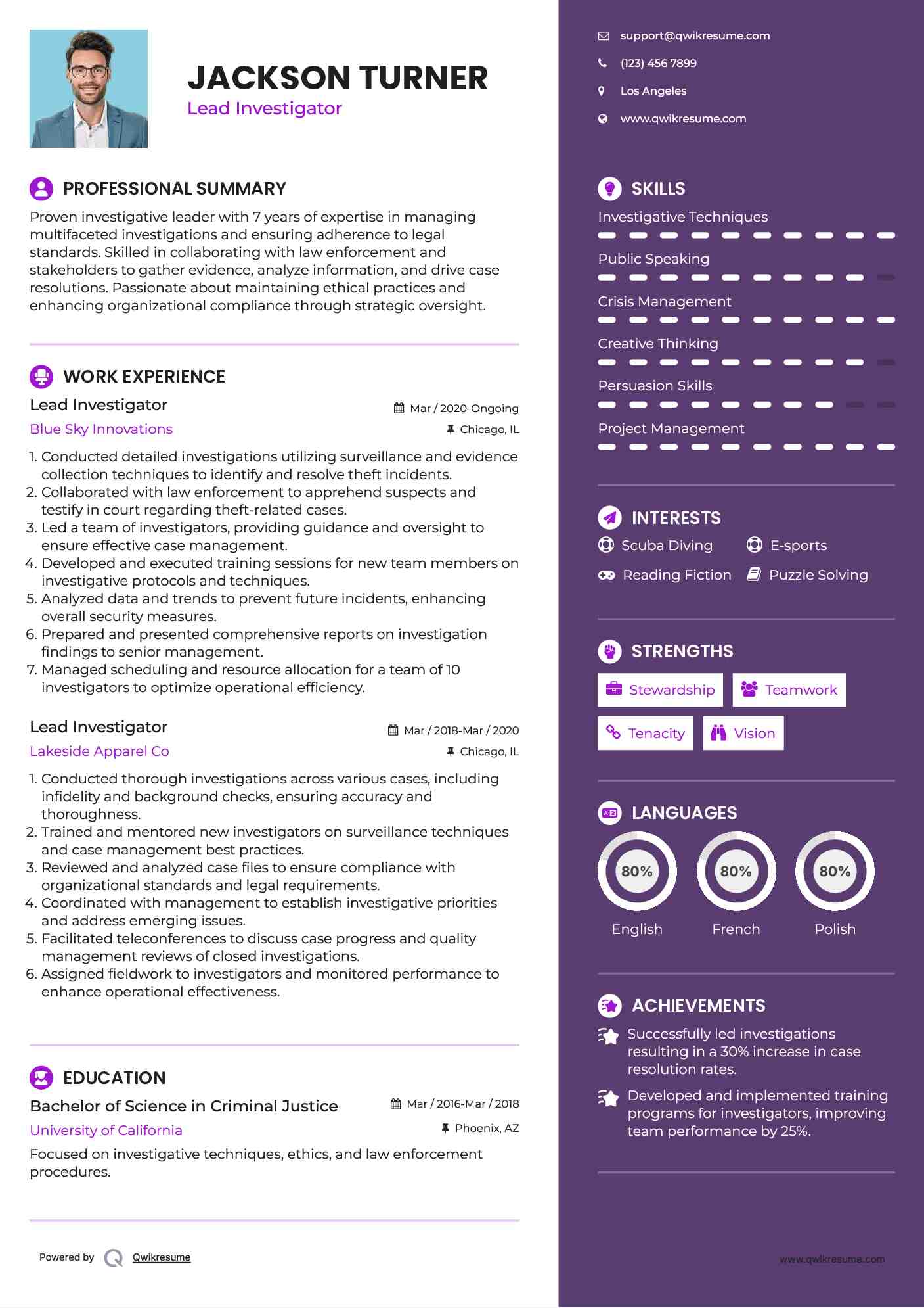 Lead Investigator Resume Example