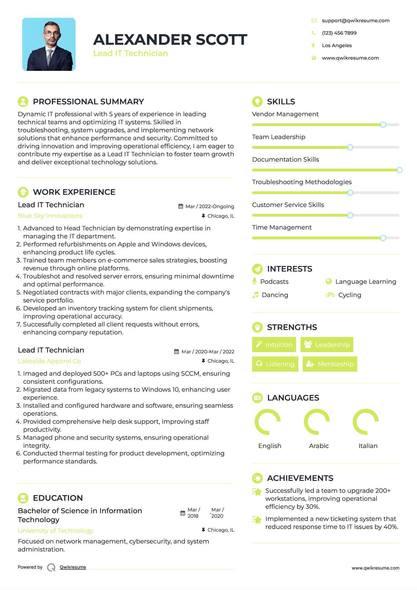 Lead IT Technician Resume Format