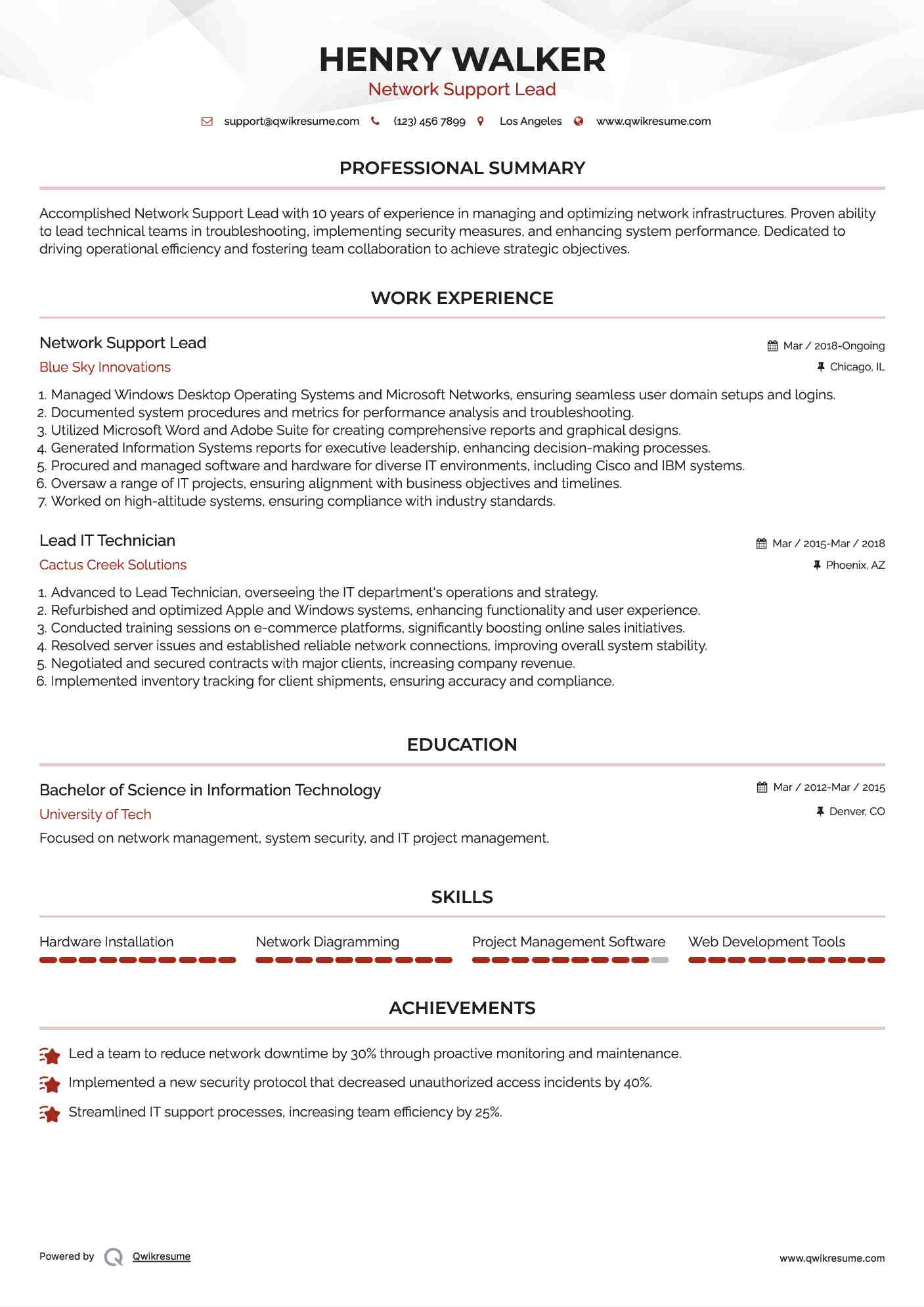 Network Support Lead Resume Model