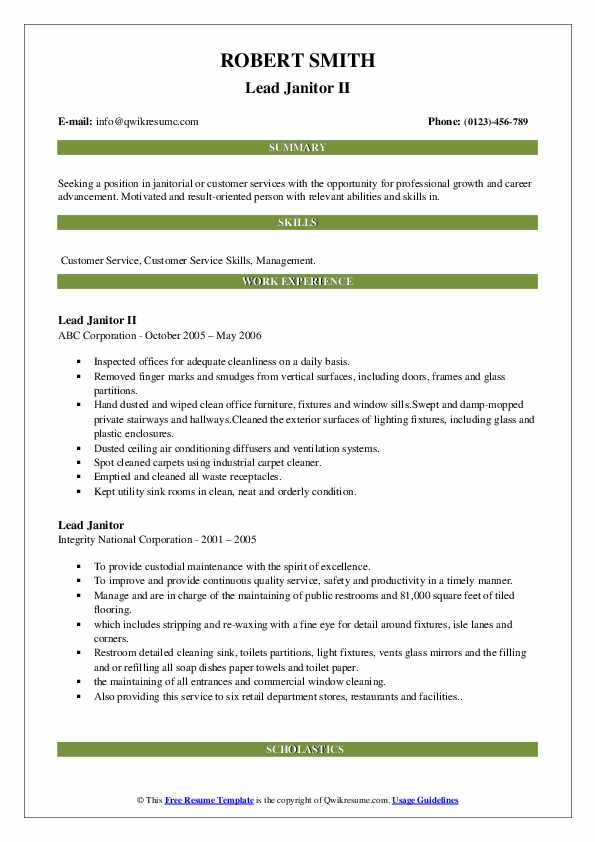 Lead Janitor Resume Samples QwikResume