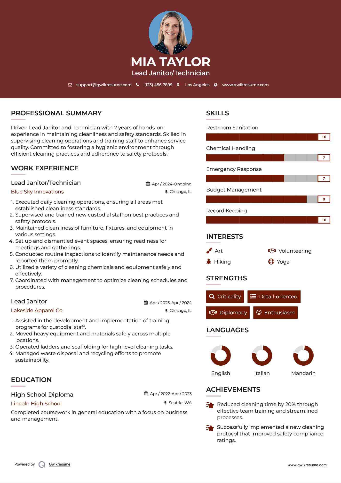 Lead Janitor/Technician Resume Model