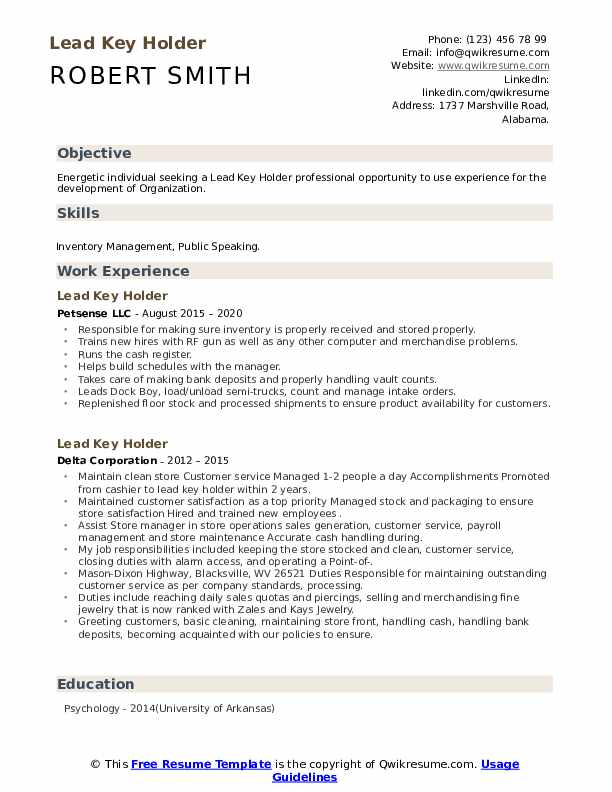 Lead Key Holder Resume Samples QwikResume